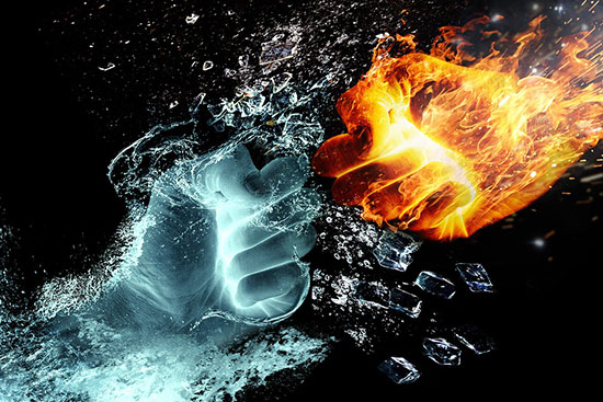 Hands of fire and water colliding and demonstrating the struggle of good versus evil