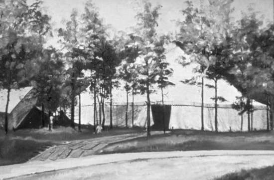 A tent standing amidst some trees, ready for camp meeting 