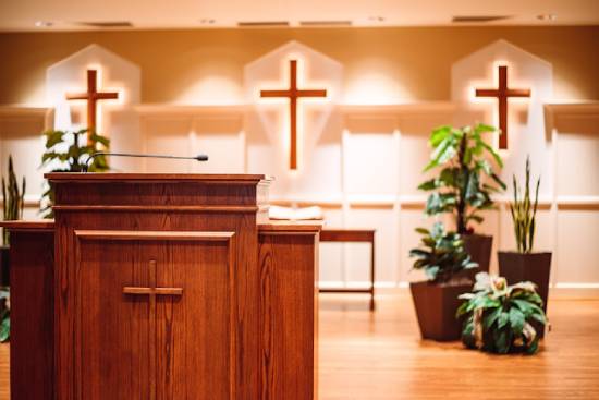 A wooden pulpit in a church.