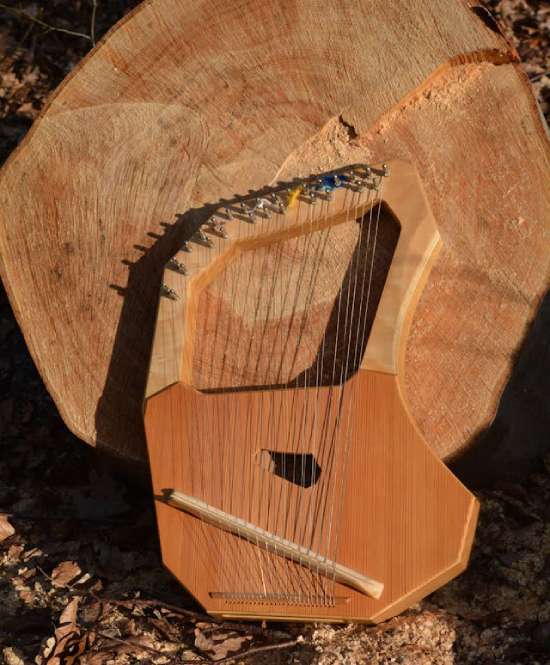 A wooden harp leaning against a tree trunk.