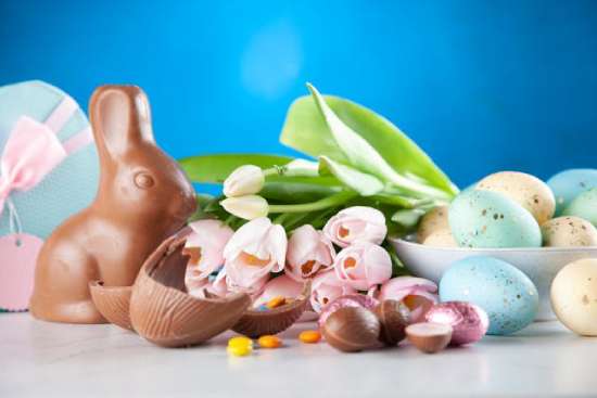 Chocolate Easter bunnies and candy with flowers and birds' eggs