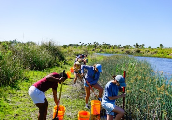 Students shovel alongside a creek.