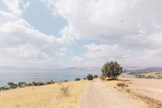 A dusty path in the desert overlooking the sea, similar to where Jesus might have given His Sermon on the Mount