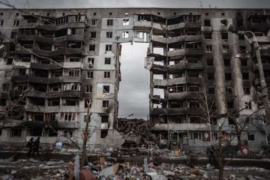 A demolished skyscraper building destroyed by natural disasters.